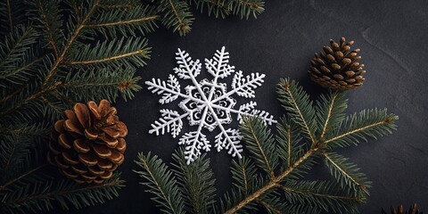 Naklejka premium Aerial View: Snowflake, Fir Branches & Pine Cones on Dark Winter Background