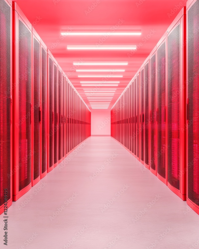 Aufkleber Neon Data Center Design Sleek Red Server Racks and Bright Lighting for Cutting-Edge Business Cybersecurity - Advanced Network Infrastructure Solutions in Tech-Driven Spaces