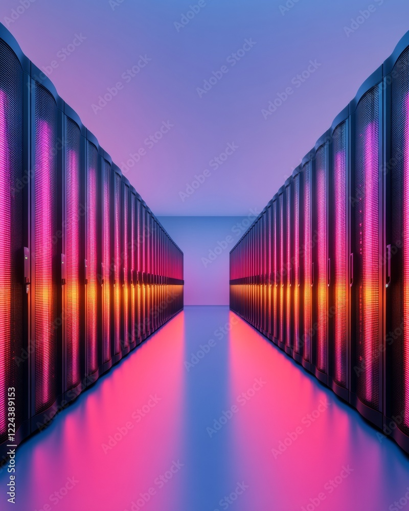 Poster futuristic data center aesthetic neon-lit equipment racks in sleek server room - advanced network pr