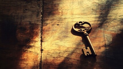 A beautiful bronze key resting on a wooden table, with soft reflections and shadows.