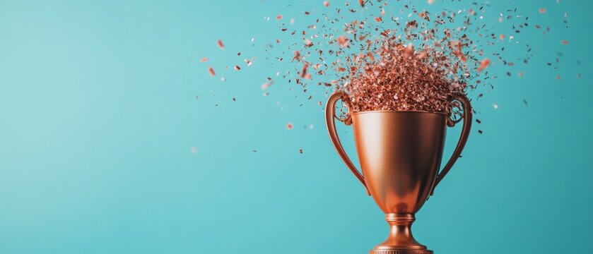 Vivid Metallic Trophy with Confetti Explosion on Teal Backdrop - Dynamic Sports Celebration Visuals for Modern Marketing and Brand Engagement Strategies