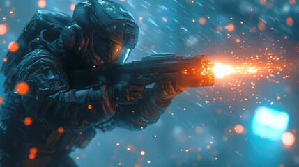 Combatant in slow motion fires energy weapon in high-tech zero-gravity training room