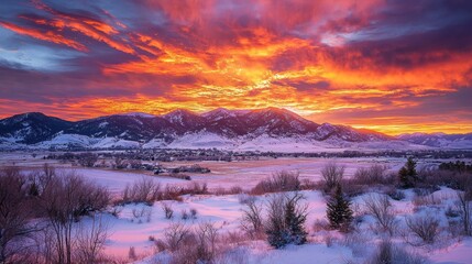 Obraz premium Fiery Sunrise over Snowy Mountains