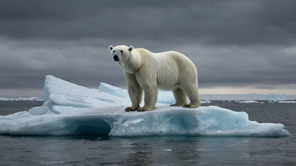 A lonely polar bear standing on a melting iceberg under a bleak gray sky.