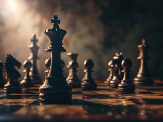 Chess king surrounded by pawns on a dimly lit wooden board