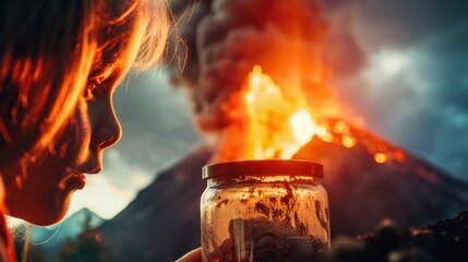 Child Curiously Observing Volcano Eruption Contained in a Jar
