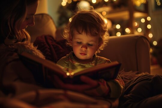 Cozy moments of a child learning traditions through reading with mother