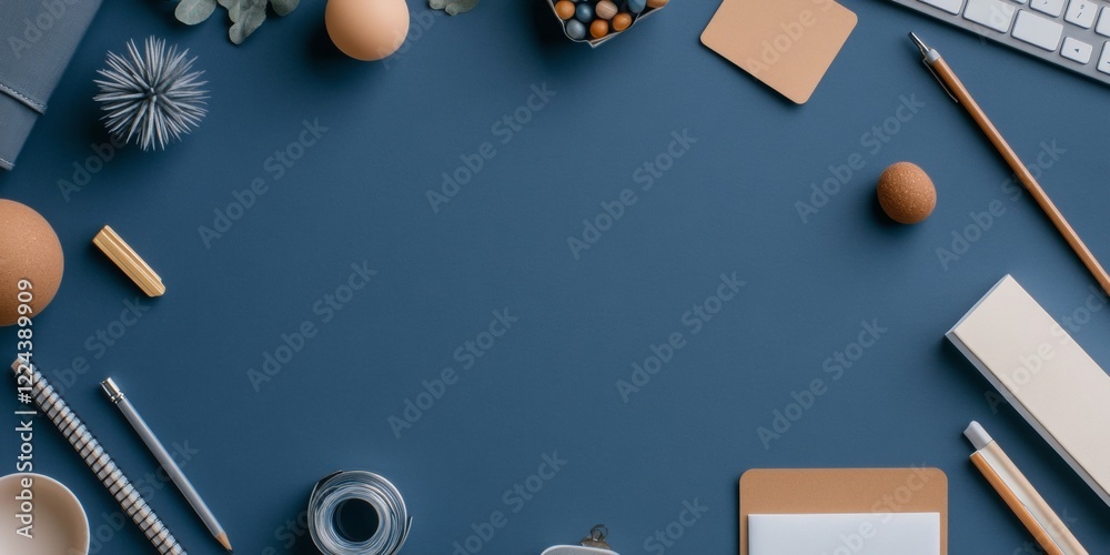Poster scandinavian minimalist office setup stylish blue desk with modern stationery and decor - enhanced p