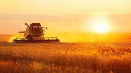 Fototapeta premium Combine Harvester Working in a Grain Field at Sunset