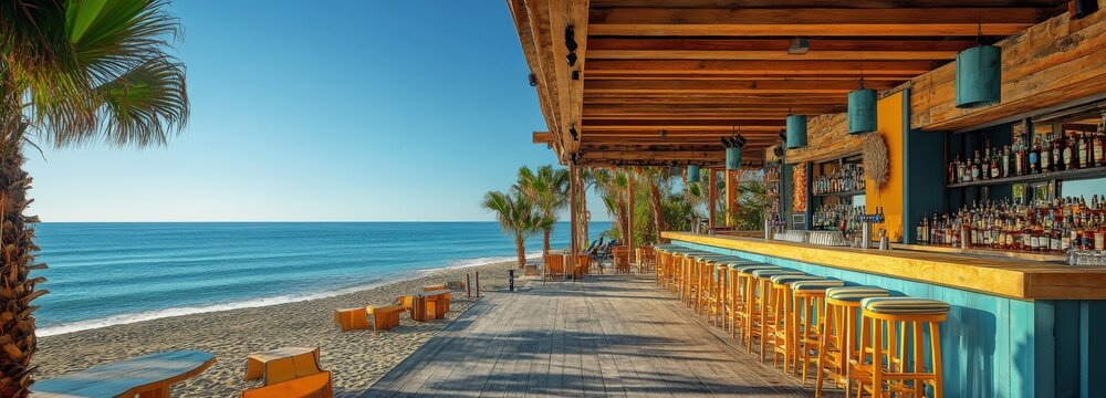 Bright beachfront bar with colorful stools and ocean views under sunny sky