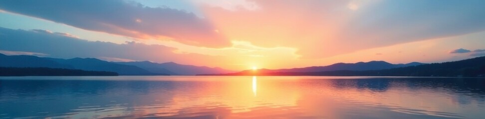 Naklejka premium Softly glowing orange hues blend with serene blue skies at a tranquil lake, sky, horizon