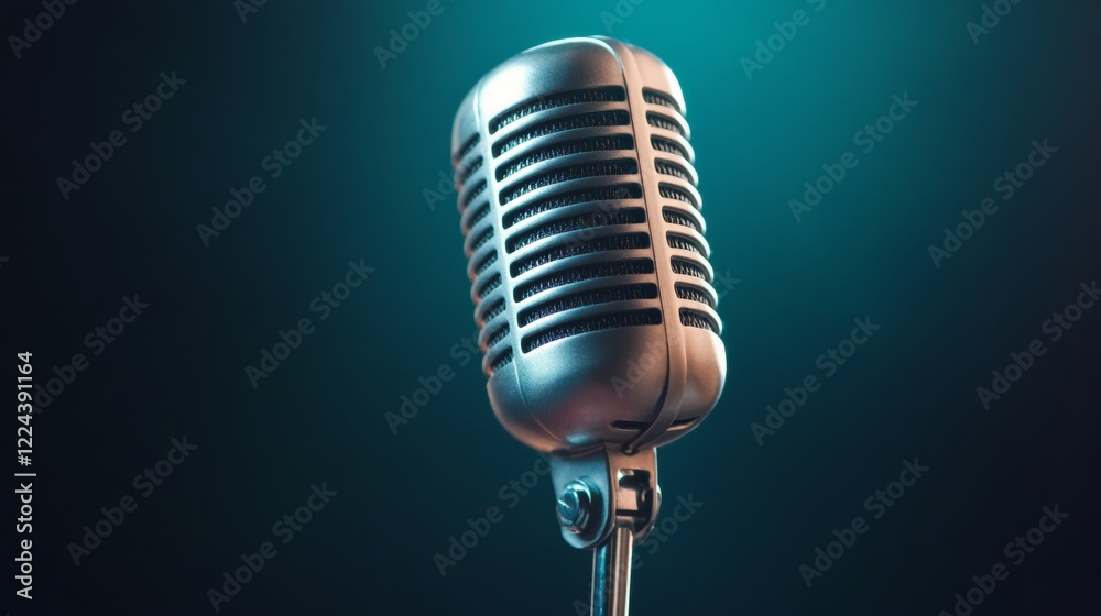 Poster vintage-inspired microphone on metal stand with retro bokeh lighting - high-fidelity audio for live 
