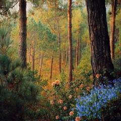 autumnal pine tree forest with a rich canopy, featuring a bush of colorful summer roses and bluebell campanula flowers at its base, enhancing the natural beauty of the scene