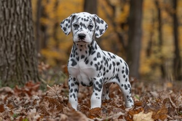 Dalmatian Puppy Exploring Autumn Forest Scene