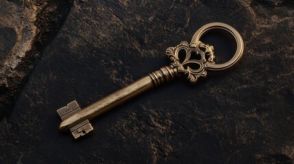 A vintage bronze keychain with detailed craftsmanship resting on a dark, textured surface
