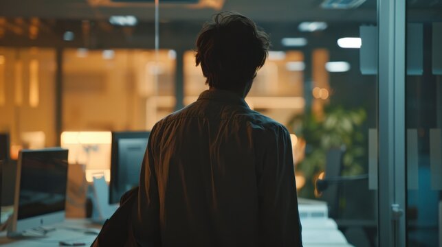 Disheartened Employee Exits Office with Personal Belongings Reflecting Dejection