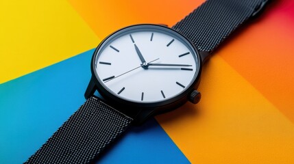 Close-up of a sleek watch with a mesh metal band and simple design, placed on a colorful background to showcase the modern design