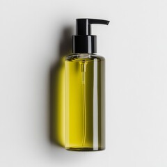 Frosted glass body oil bottle with golden-yellow oil and black pump. Luxury skincare with a clear frosted glass bottle showcasing warm golden oil and a modern black pump design.
