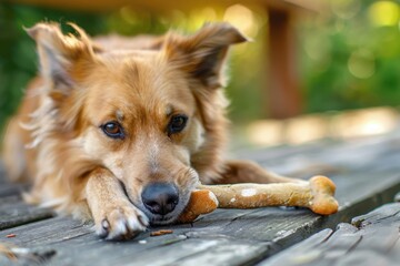 Dog Engrossed in Chewing a Bone, Showcasing Natural Instincts Outdoors