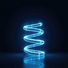 Brightly lit blue coiled filament amidst stark shadows, dark background, radiant object