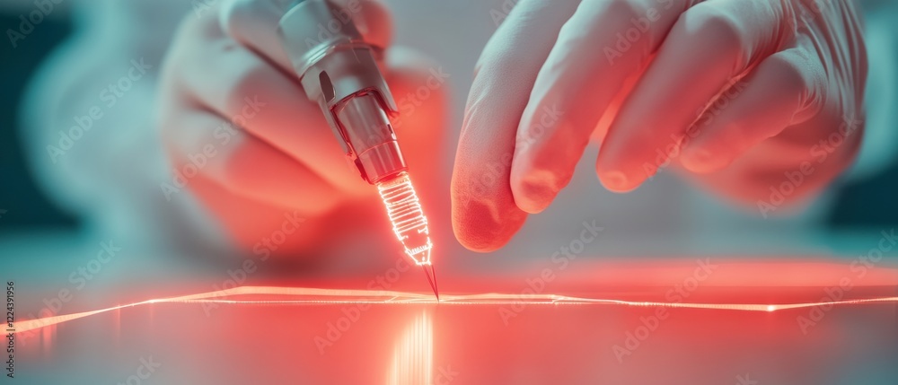 Poster futuristic medical workshop setting hi-tech prosthetic design with robotic arms and luminous tools -