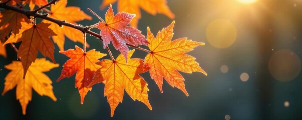 Fototapeta premium Delicate frost glistens on golden maple leaf clusters, glowing softly, golden, foliage, tree