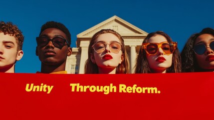 Youth Civic Engagement Bold Portrait of Diverse Young Adults with Slogan Banner in Urban Government Setting - Empowering Public Policy Content and Civic Digital Campaigns