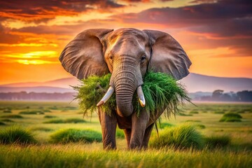 Fototapeta premium African Elephant Gently Carrying Grass in Trunk - Wildlife Conservation Image