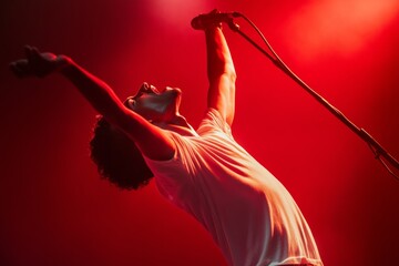 Vintage Concert Experience Energetic Male Singer in Retro White Tee Under Dramatic Red Light - Music Promotion and Artist Branding for Captivating Live Performances