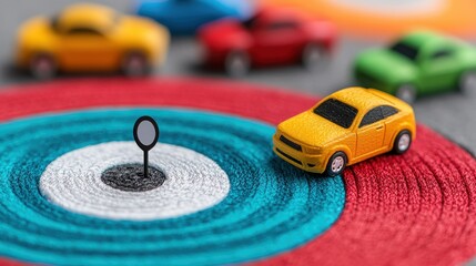 Colorful toy cars on a circular target, symbolizing focus and precision in transportation or driving concepts.