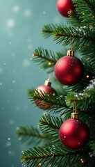 Fir tree with large red balls and delicate golden strings amidst snowflakes, balls, holiday, Christmas