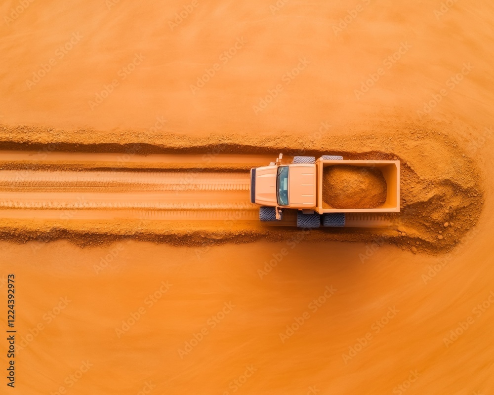 Poster dynamic aerial view of heavy machinery in action on expansive earth tone terrain - industrial develo