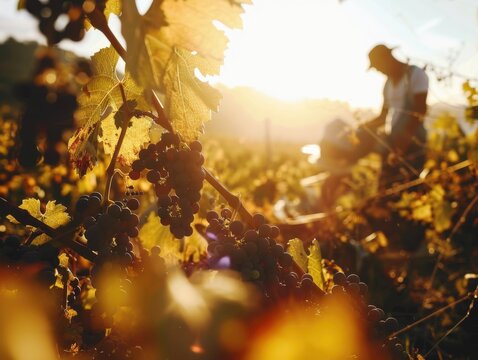 Farmers Joyfully Harvesting Grapes Under Bright Sunlight