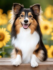 Happy Shetland Sheepdog Posing Among Sunflowers