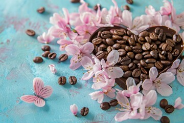 Heart-shaped arrangement of flowers with coffee beans and chocolate on a blue background