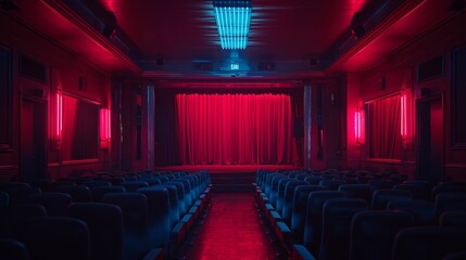 Vacant cinema hall featuring blue seating and low lighting for a memorable movie experience