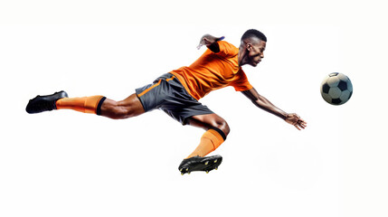 Football Player Makes Midair Strike on the Ball Against White Background