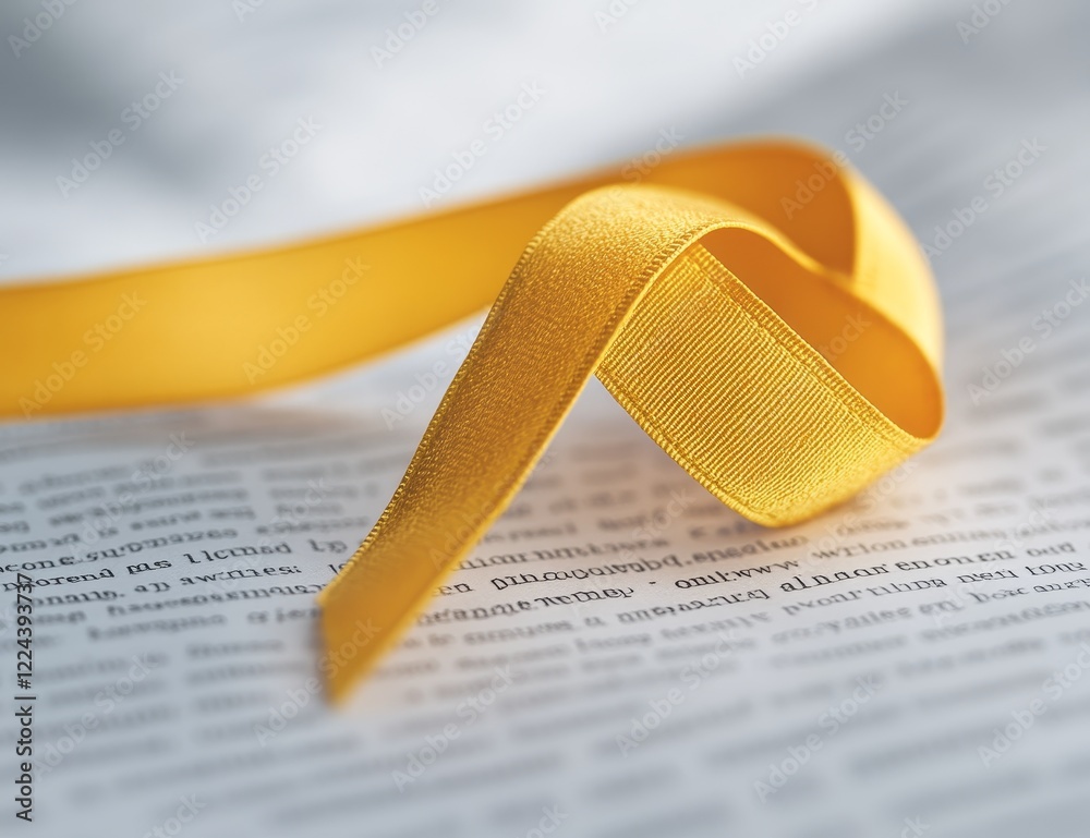 Poster golden ribbon curled on a page of text.