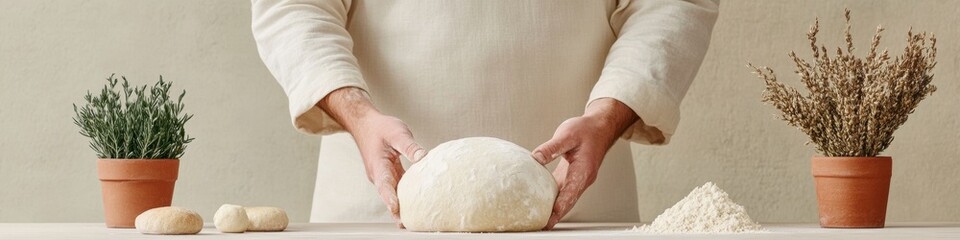 Rustic Culinary Aesthetic Artisanal Dough Craft with Natural Herbs on Linen - Premium Bakery Promotion and Traditional Bread-Making Influence