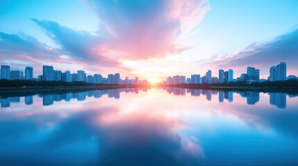 Cloudy Reflection City skyline reflected in a river under a cloudy sky, creating a unique urban landscape