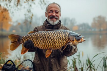 Fisherman holding a large common carp while fishing in a lake during autumn