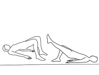 Line art sport glute bridge. Set of glut stretching line illustration. Flat Outline curve glute  exercise. Doodle glute bridge stretch workout pose.