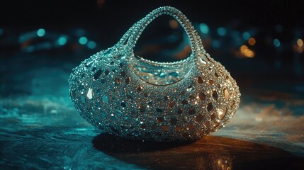A high-end diamond bag on a dark, textured surface with soft ambient light making it sparkle