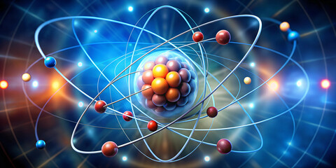 Protons and neutrons reside in the center of an atom's nucleus , protons, nucleus, with copy space, with empty space, no text, no word, no character