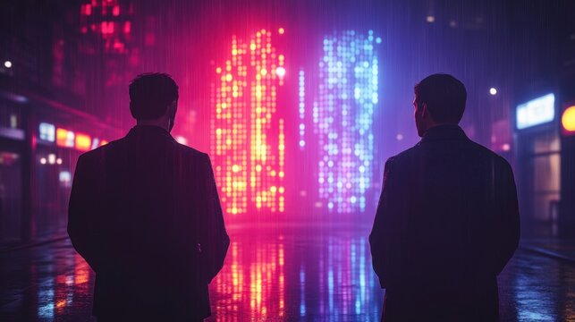 Corporate meeting futuristic seminar presentation with formal speakers in neon light captivating audience with data graphs and advanced analytics