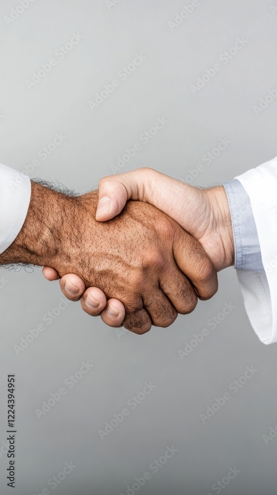 Poster minimalist medical collaboration diverse hands in handshake symbolizing partnership on smooth grey g