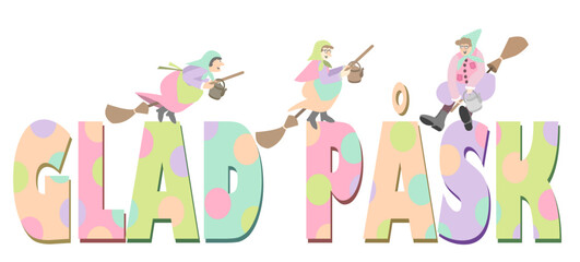 Happy Easter, "Glad Påsk", a Swedish Easter Greetings decorated with scandinavian Easter Witches flying on broomsticks to Blockula (Blåkulla), vector illustration