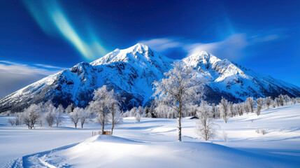 breathtaking winter landscape featuring snow covered mountains under Northern Lights, with frosty trees and serene atmosphere