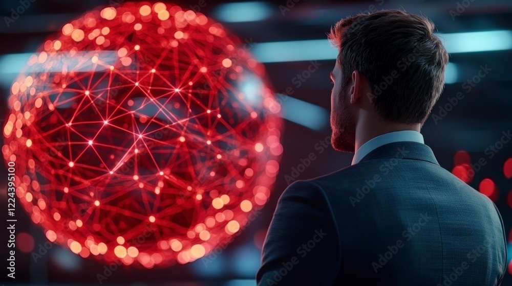Poster businessman observing a red data network sphere display in a high-tech environment