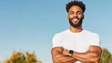 Modern Wellness Tech Fit Biracial Man with Fitness Tracker on Forest Trail - Innovative Health Solutions for Digital Wellness and Active Lifestyle